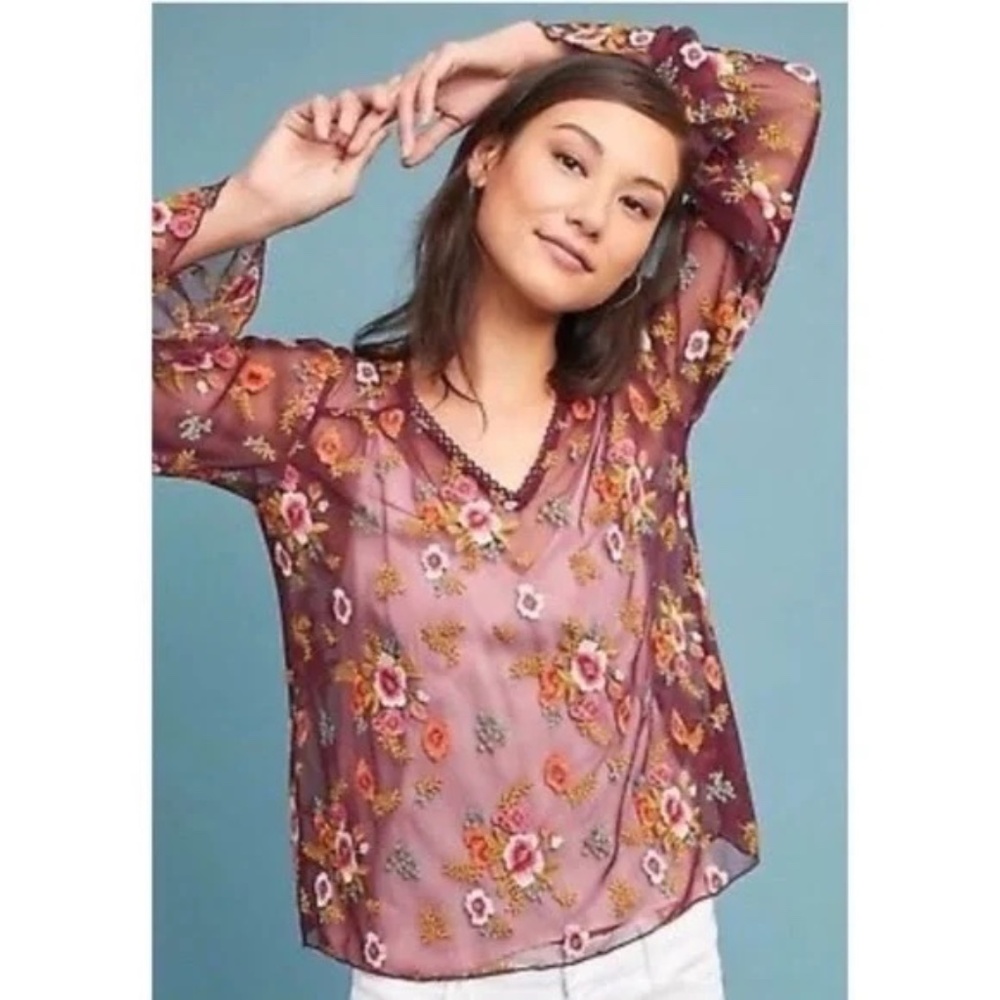 Anthropologie Feather Bone Burgundy Embroidered Sheer Mesh Blouse, Size Medium